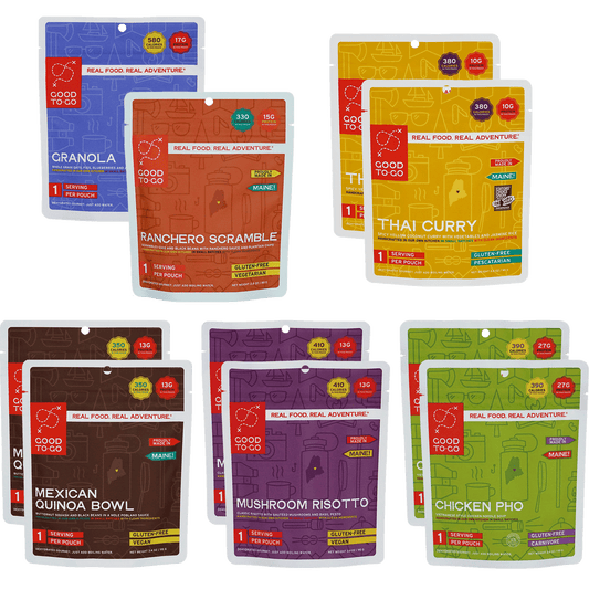 Good To-Go Summit Food Kit exploded view, premium multiday dehydrated meals for adventure travel