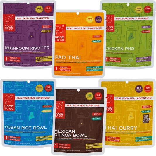 Good To-Go Ridgeline Variety Food Kit exploded view, diverse dehydrated meal pack for multi-day treks