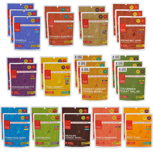 Good To-Go Thru-Hiker Food Kit exploded view, complete backpacking meal plan for long-distance hikes