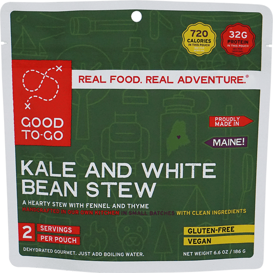 Double-serve pouch of Good To-Go Kale and White Bean Stew, hearty vegan camping meal
