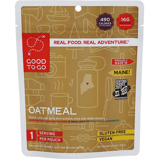 Good To-Go Oatmeal single-serve breakfast pouch, gluten-free vegan dehydrated camping meal